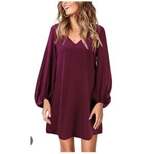 Womens Large Casual Chiffon Tunic Dress Long Sleeves V-Neckline Burgundy Casual